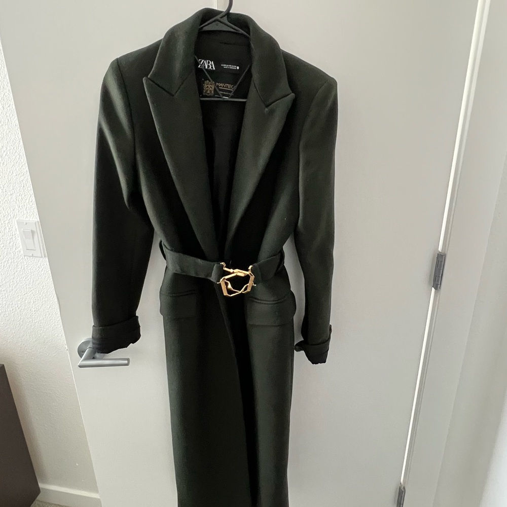 Zara Green Manteco Coat with Gold Belt XS